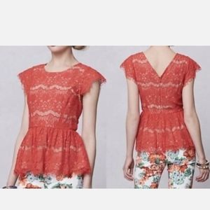 Anthropology Maeve Katrin peplum red lace top size M